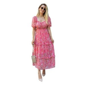 Women's Floral Puff Sleeve High Waist A Line Flowy Long Dress